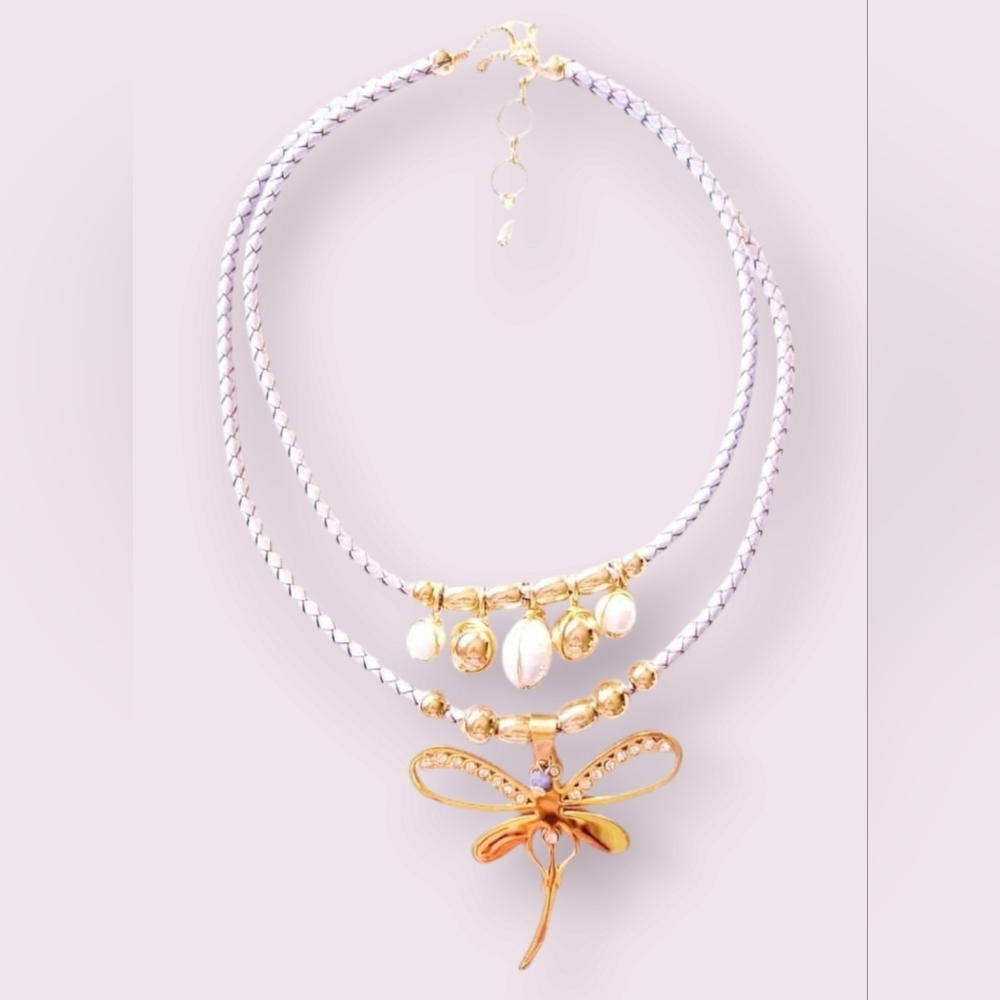 Silver Leather Braided Cord Double Layer Necklace w/ Butterfly